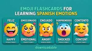 Free downloadable Feelings in Spanish flashcards featuring color emoji expressions.