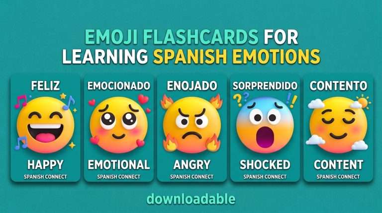 Free downloadable Feelings in Spanish flashcards featuring color emoji expressions.